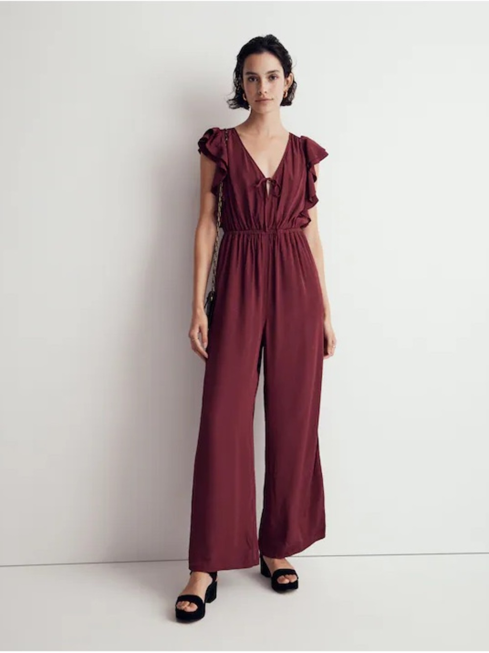 Madewell Burgundy V-Neck Ruffle-Sleeve Jumpsuit